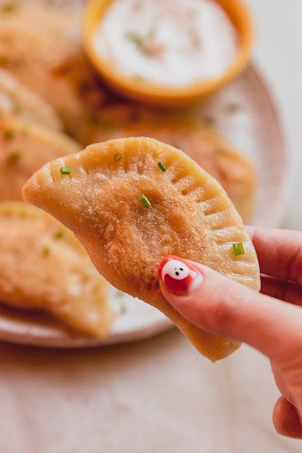 A close up photo of a pumpkin ricotta pierogie being held in a hand.