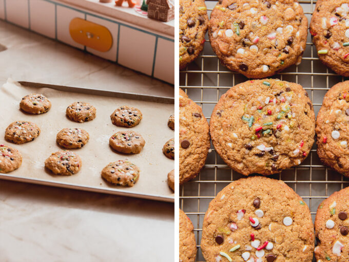A photo before and after baking the candy cane chocolate chip cookies.