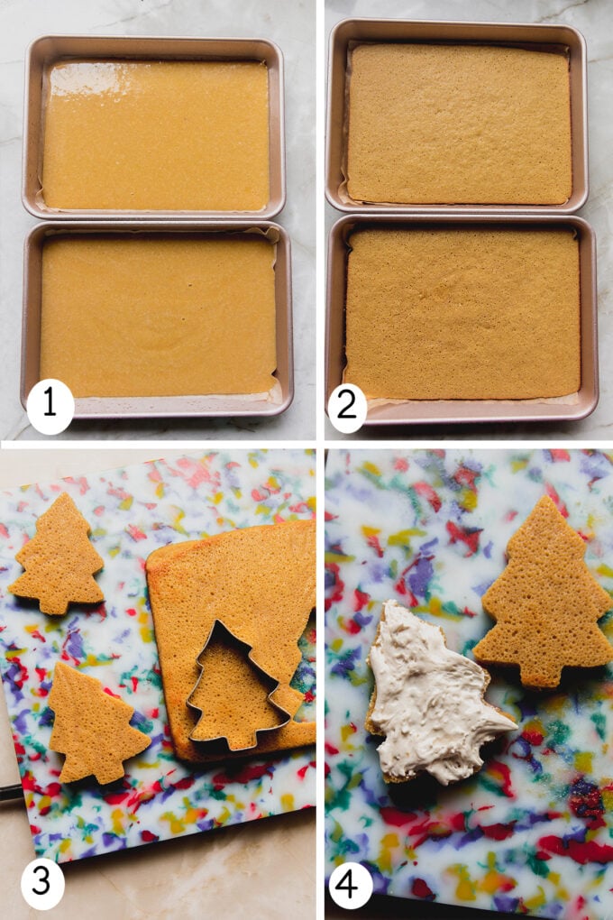 Step by step photos of making the cakes and cutting them out to make copycat Little Debbie Christmas tree cakes.