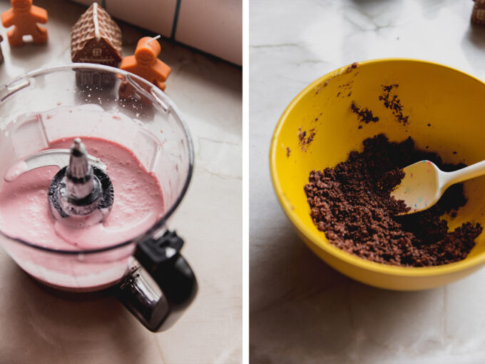 A blender after mixing up the peppermint filling and a bowl making the pie crust mixture.