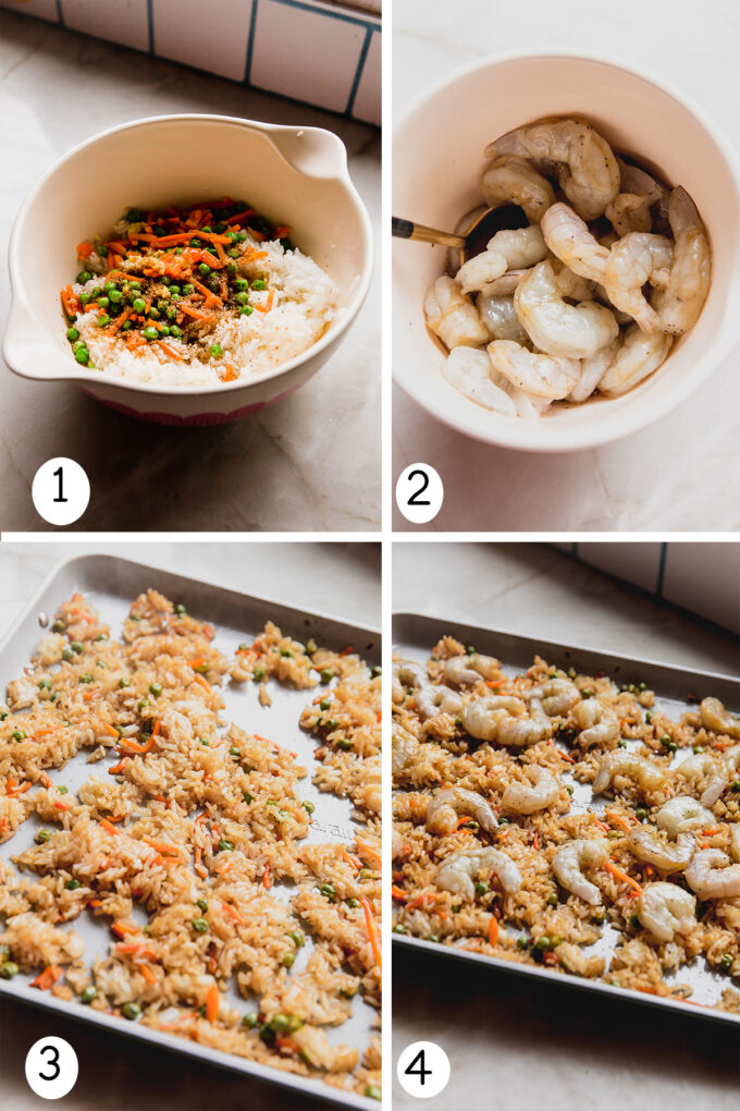 Step by step photos of making the sheet pan shrimp fried rice.