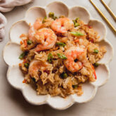 Shrimp fried rice in a bowl.