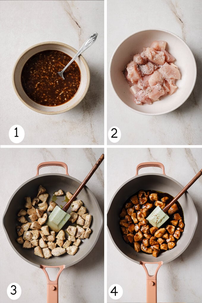 Step by step photos of making bourbon chicken.