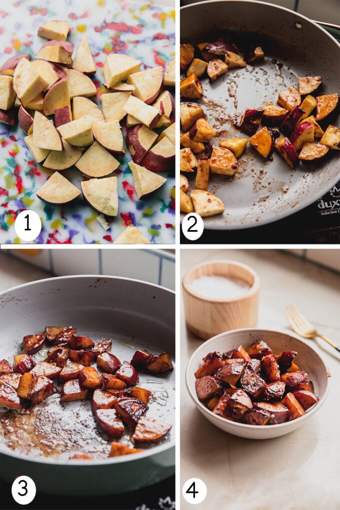 Step by step photos of making the candied Japanese sweet potatoes.