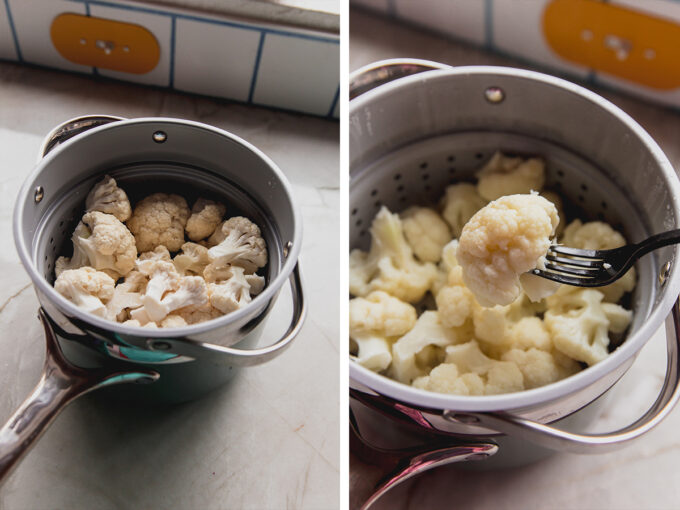 Photos of a pot of cauliflower before and after steaming.