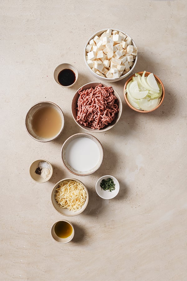 All of the ingredients for French onion shepherd's pie before making the dish.
