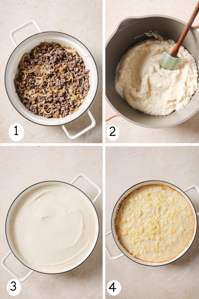 Step by step photos of making the French onion shepherd's pie.