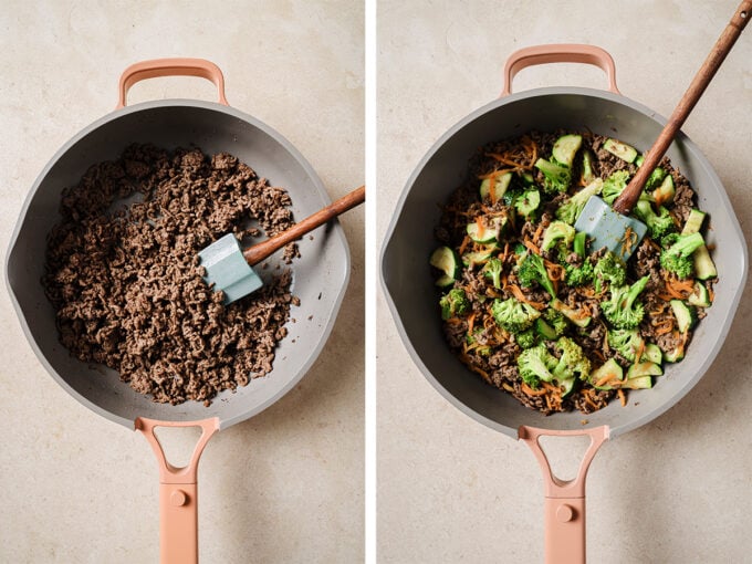 Photos of the ground beef before and after adding in the vegetables. 