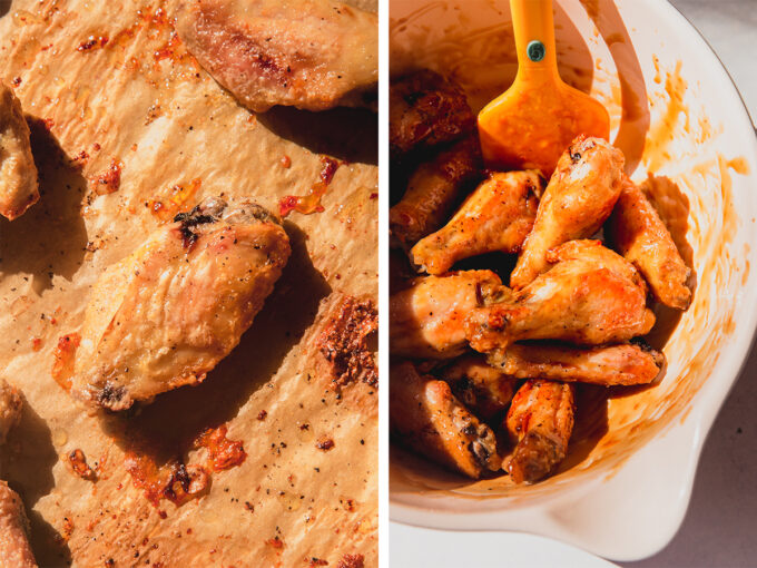 Photos of baked wings before and after adding sauce. 