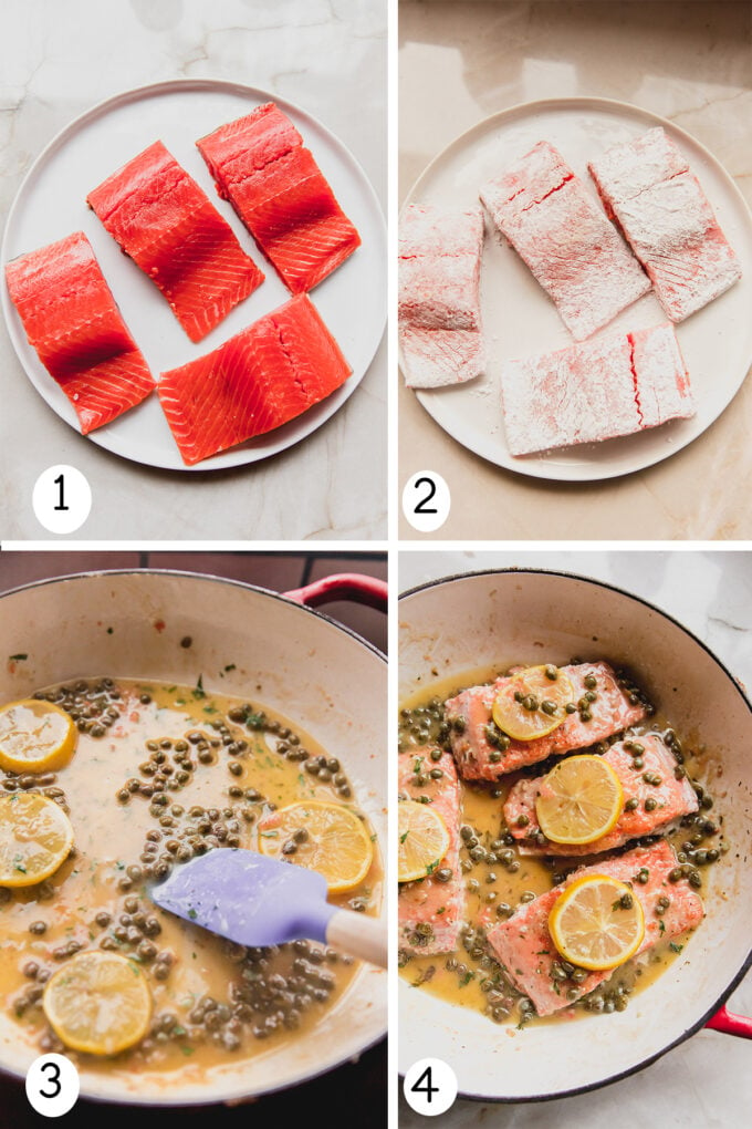 Step by step photos of making the salmon piccata.