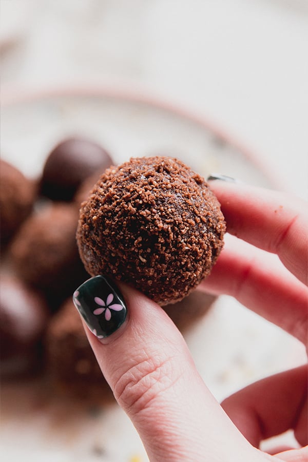 One thin mint truffle being held in a hand.