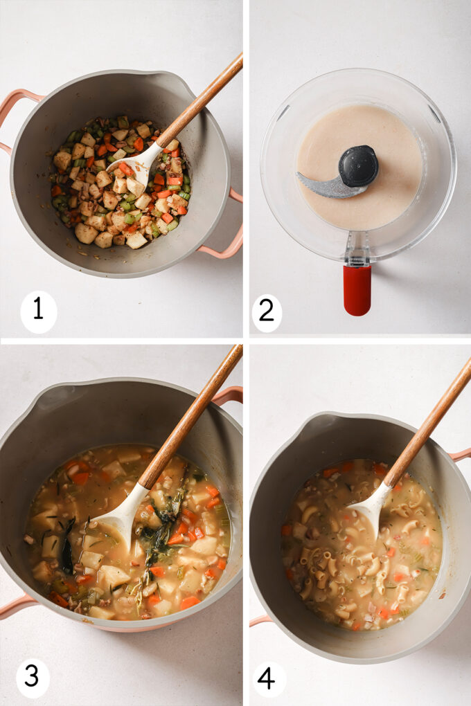 Step by step photos of making the white pasta fagioli soup.