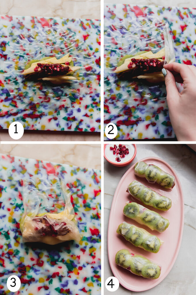 Step by step photos of making fruit rice paper rolls.