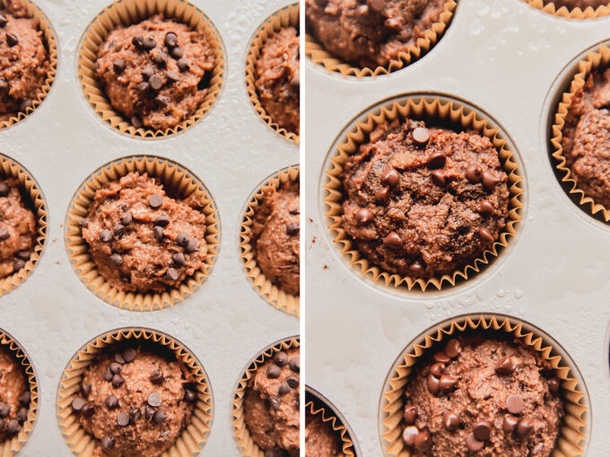 Photos before and after baking the chocolate banana bread muffins.