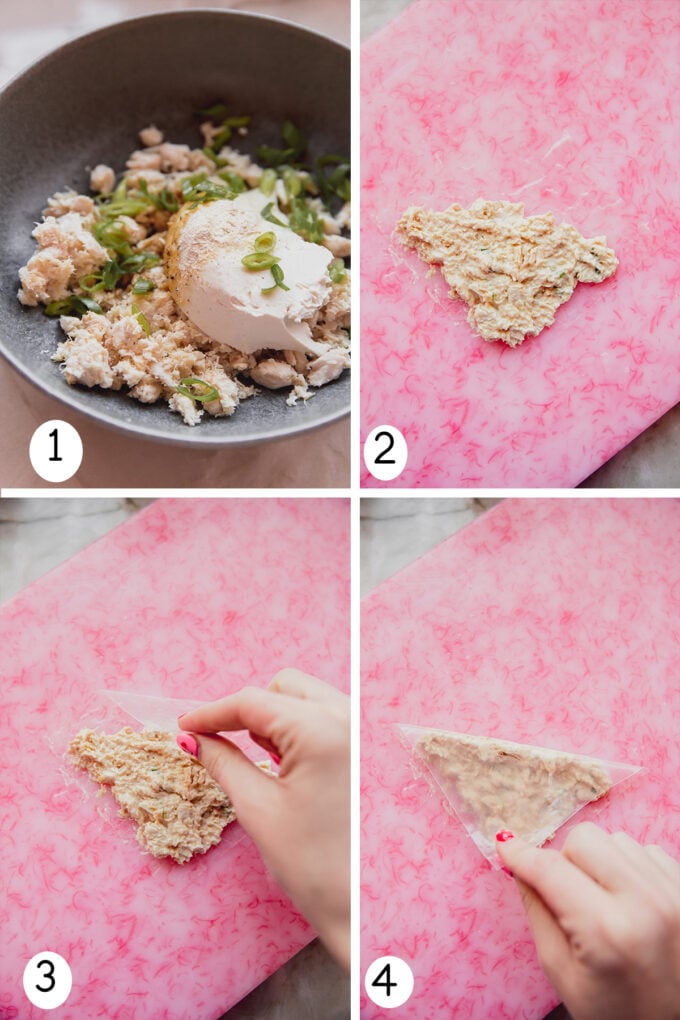 Step by step photos of making the filling and folding the rice paper around it.