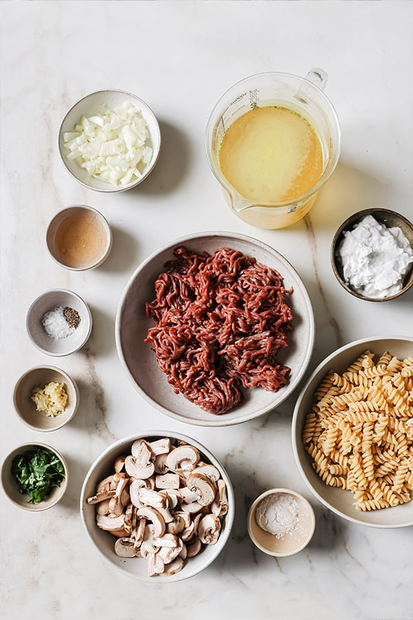 All the ingredients for homemade beef stroganoff on the counter before cooking.