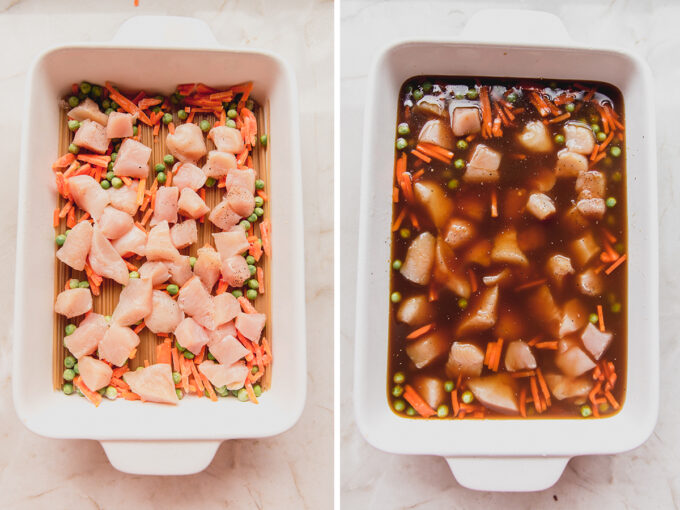 Photos of making the baked honey garlic chicken noodle dish before baking it.