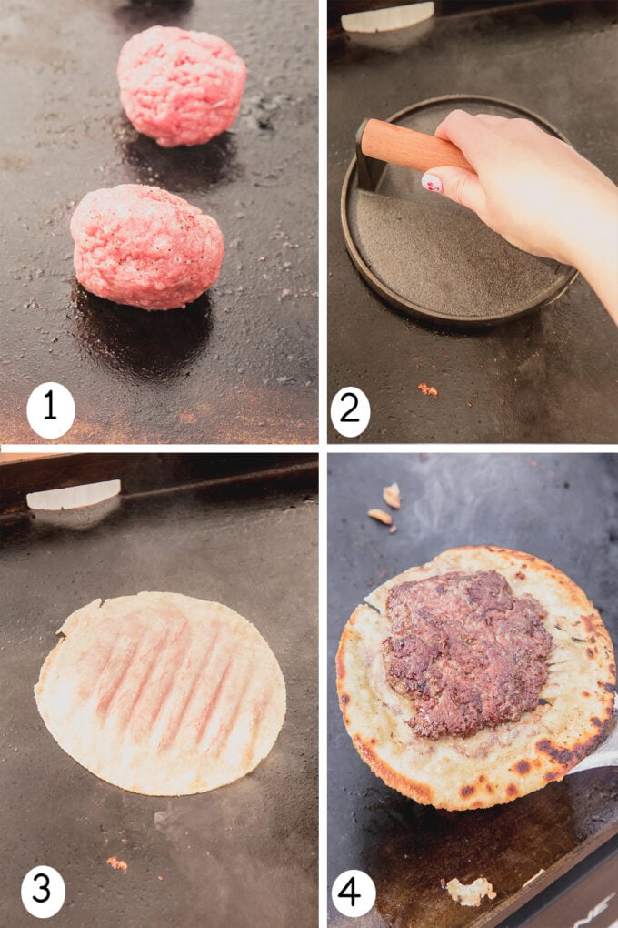 Step by step photos of making the smash burger tacos.