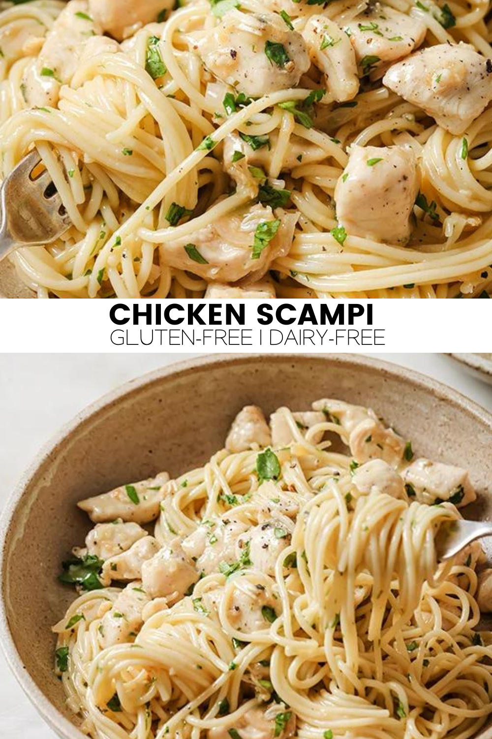 A final full shot of the delicious gluten-free chicken scampi in a serving bowl.