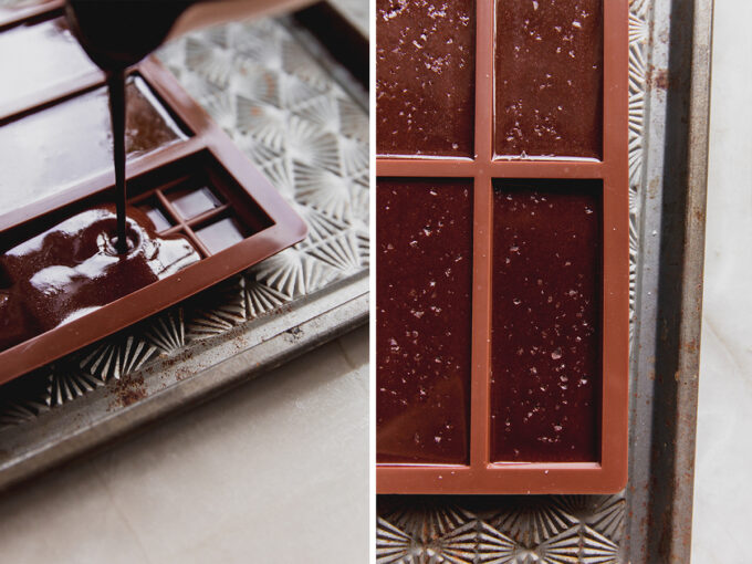 Photos of how to pour the homemade coconut milk chocolate bar and set in the fridge.
