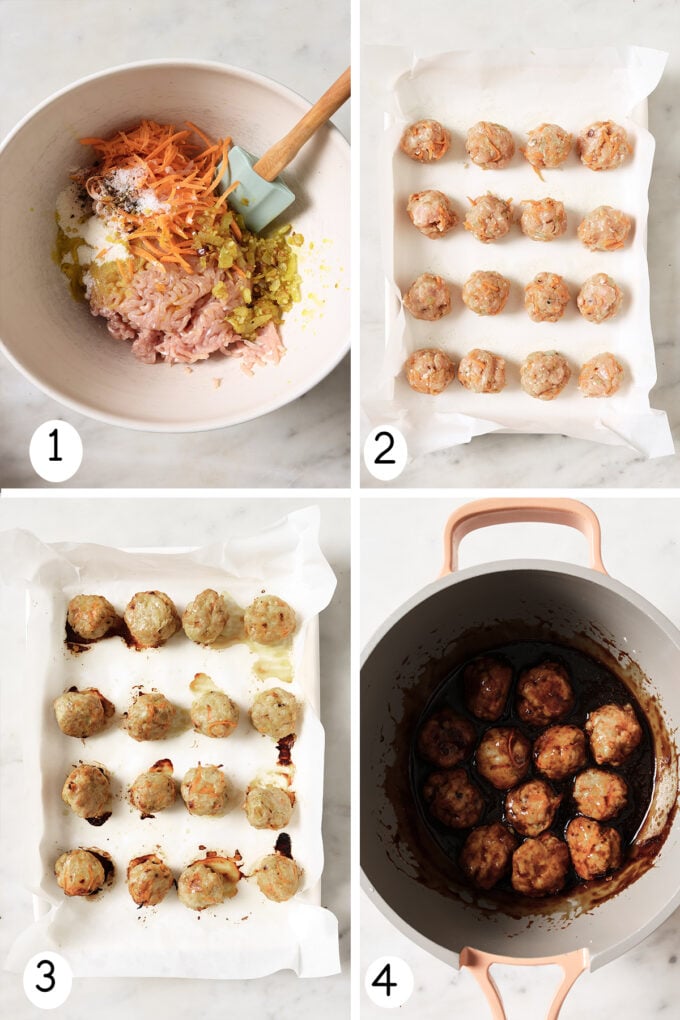 Step by step photos of making honey garlic meatballs.