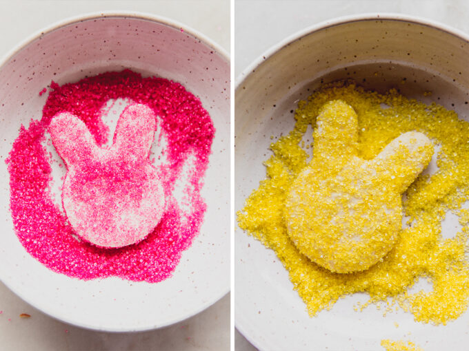 Photos of dipping the marshmallows in pink and yellow sugar to coat and decorate the marshmallows.