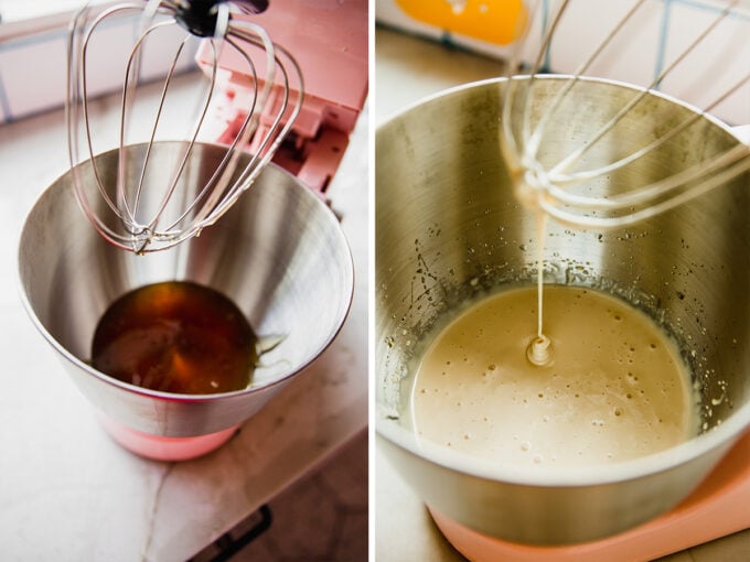 Step by step photos of before and after whipping the honey in a stand mixer.