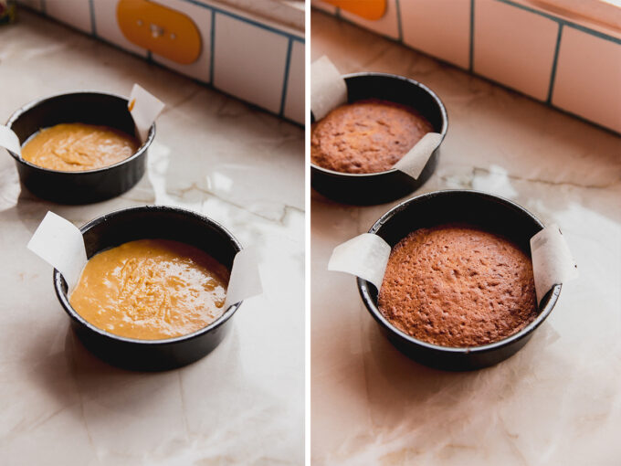 Photos before and after baking the cake.
