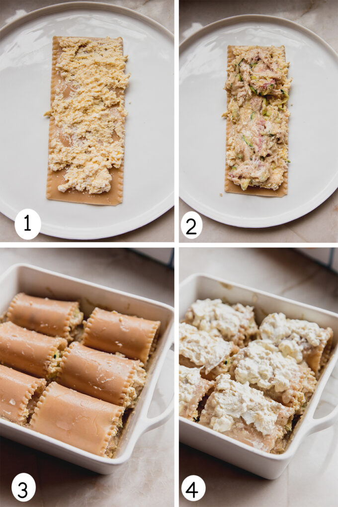 Step by step photos of making the chicken alfredo lasagna roll ups. 