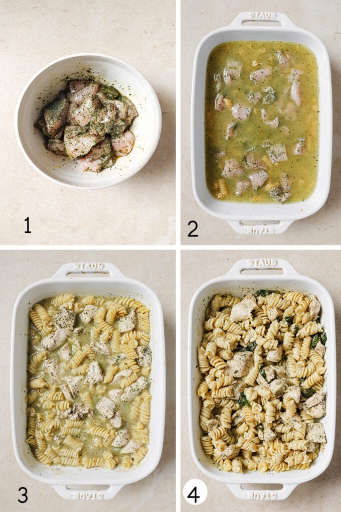 Step by step photos of the lemon chicken pasta bake being made.