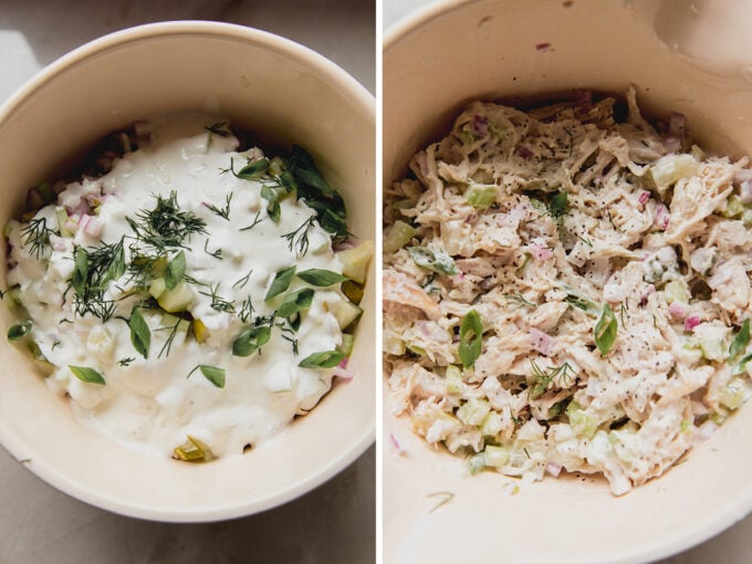 Photos before and after mixing all the ingredients for easy dill pickle chicken salad.
