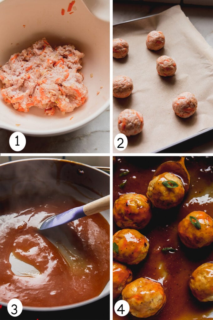 Step by step photos of making the sweet & sour chicken meatballs.