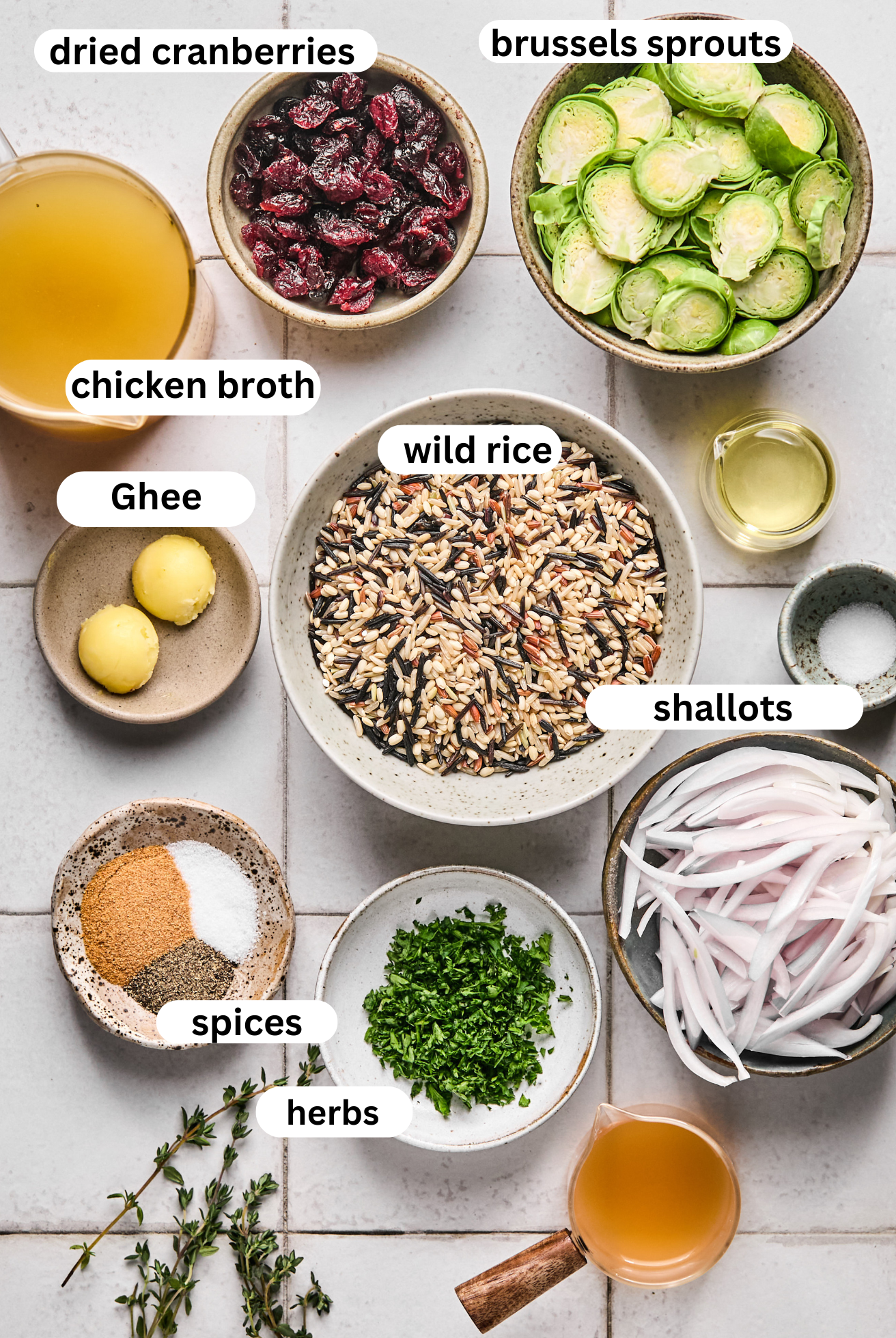 Crispy wild rice pilaf ingredients laid out in bowls.