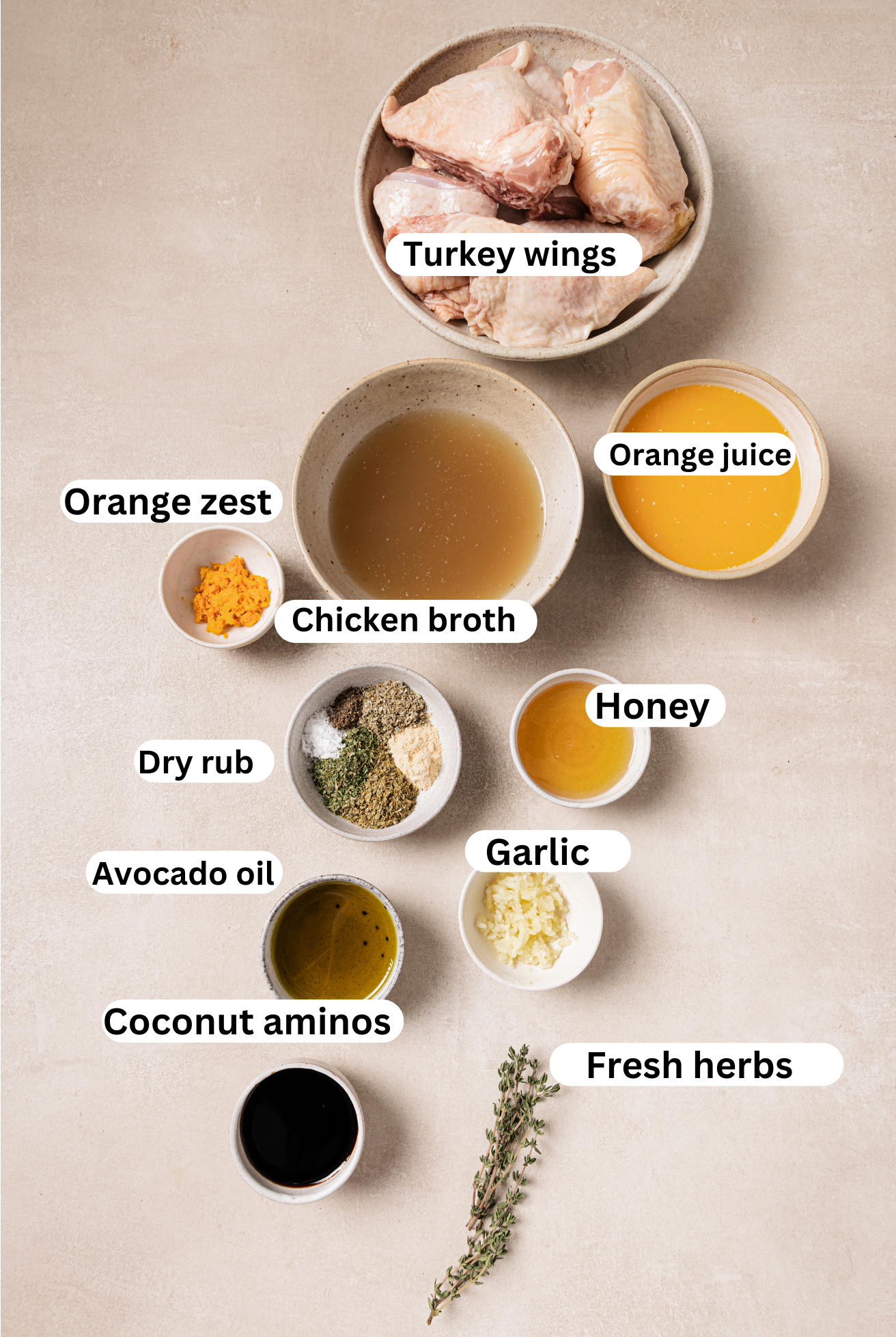 The ingredients for baked turkey wings and an orange glaze laid out in separate bowls.