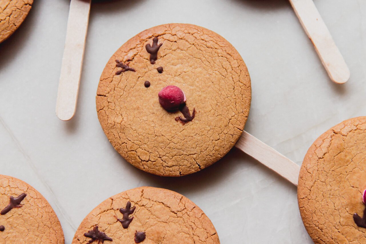 A few reindeer gingerbread cookies after decorating.