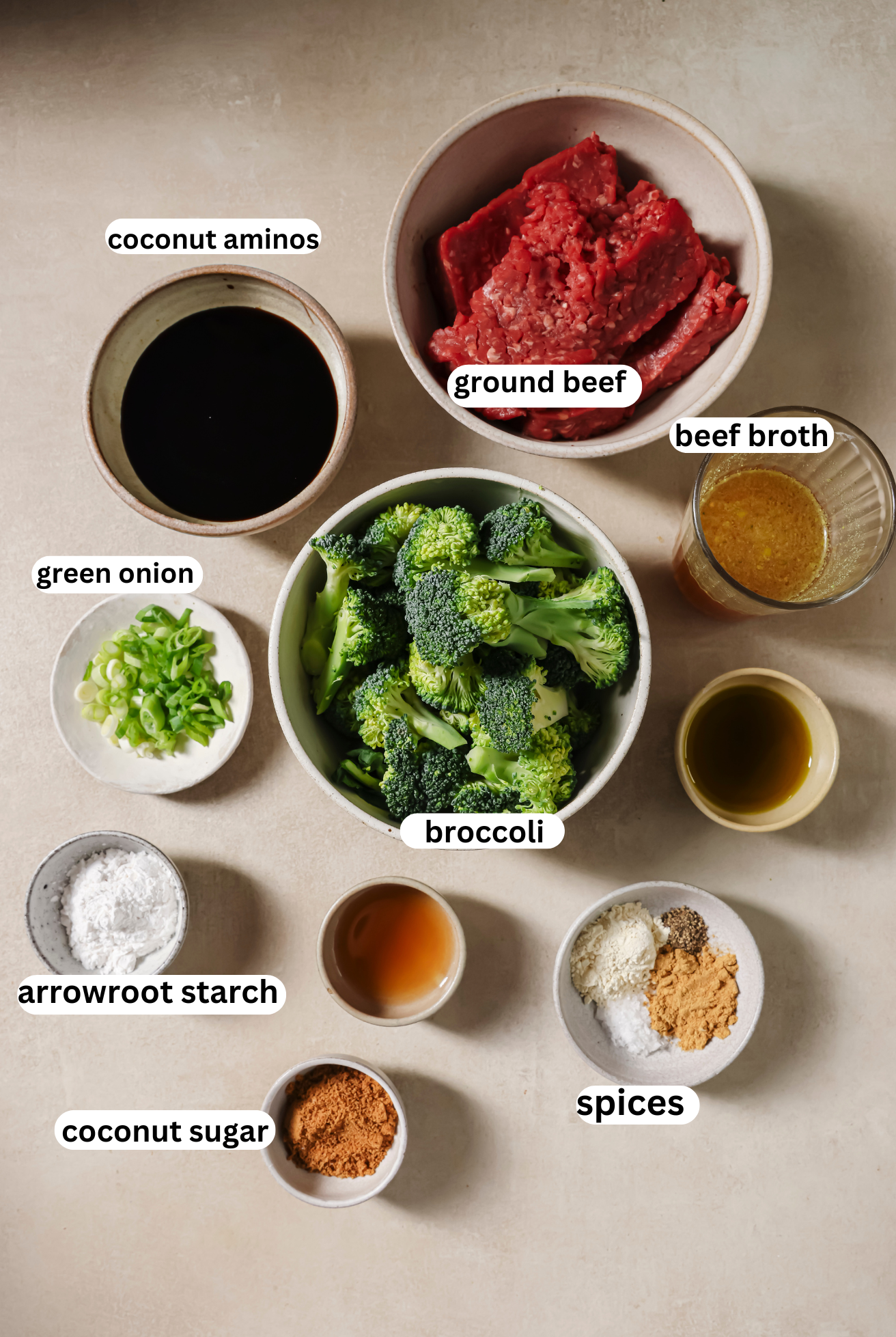 Ground beef and broccoli ingredients in separate bowls