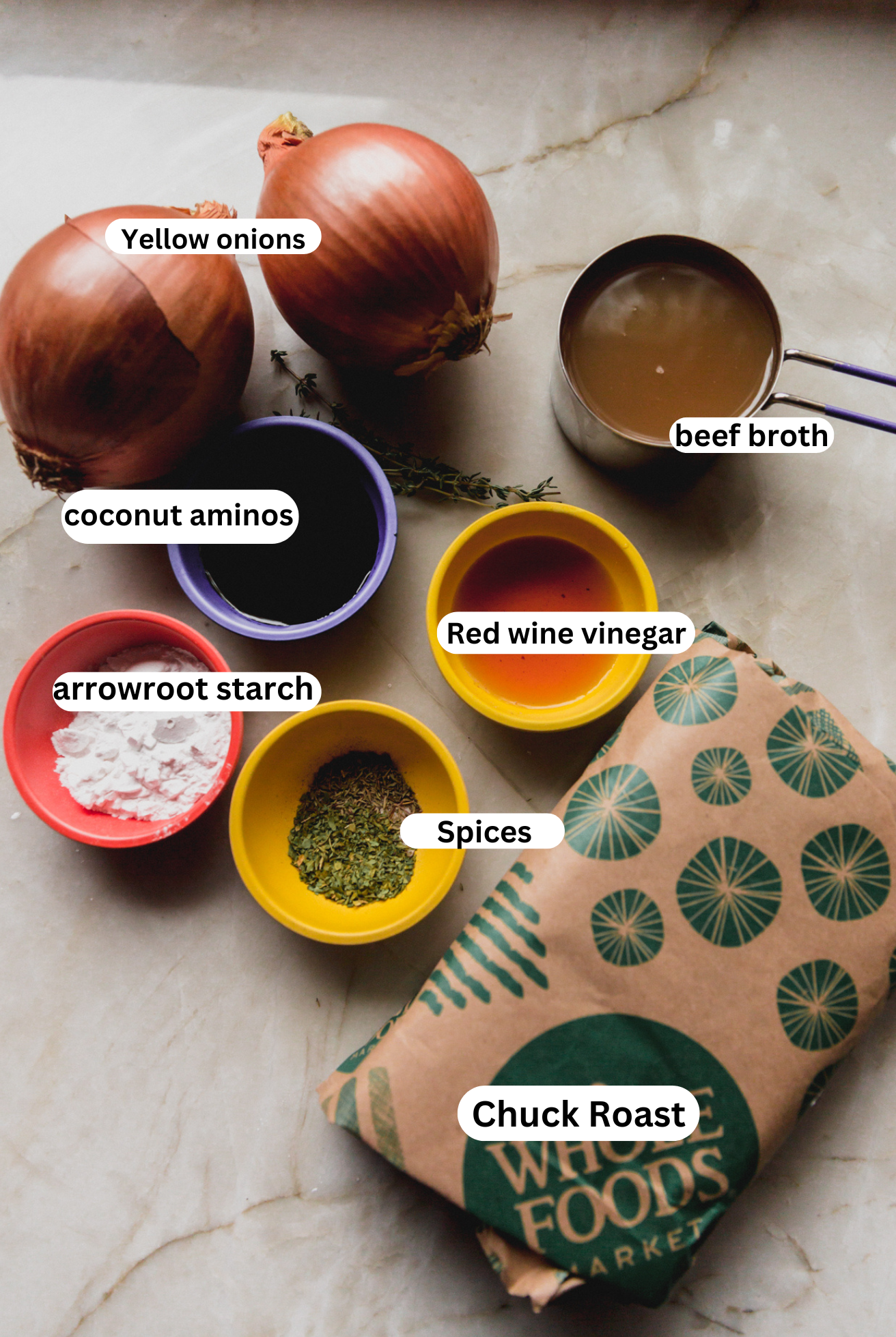 All the ingredients needed to make French onion pot roast.