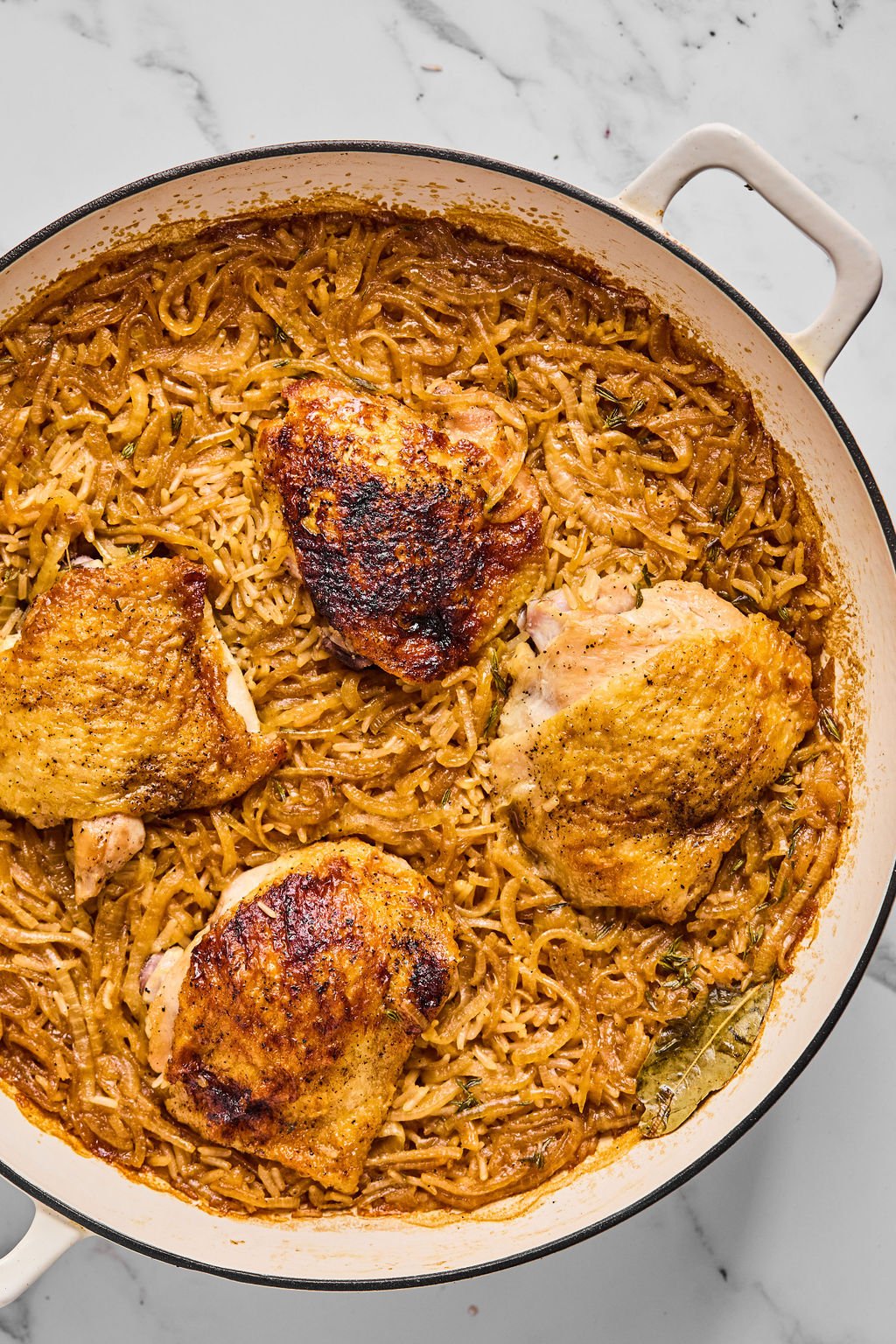 French onion chicken & rice after coming out of the oven.