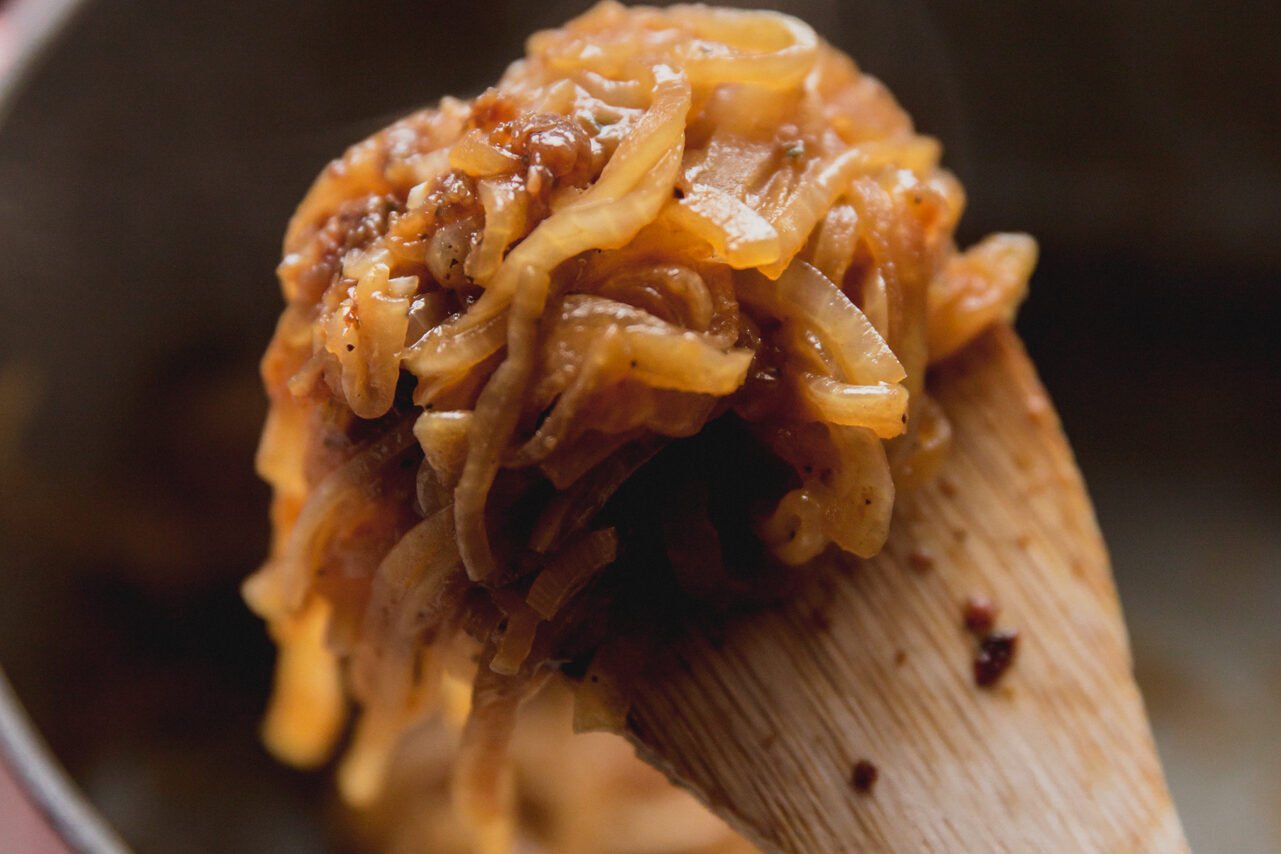 Onions after sauting in the Dutch oven.