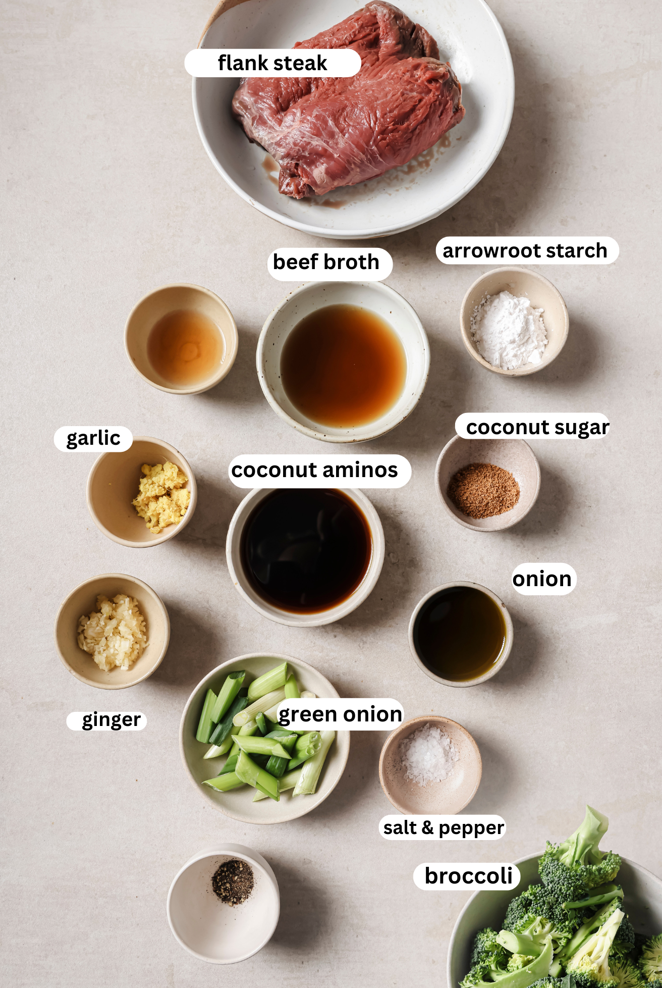 Mongolian beef ingredients on separate dishes. 