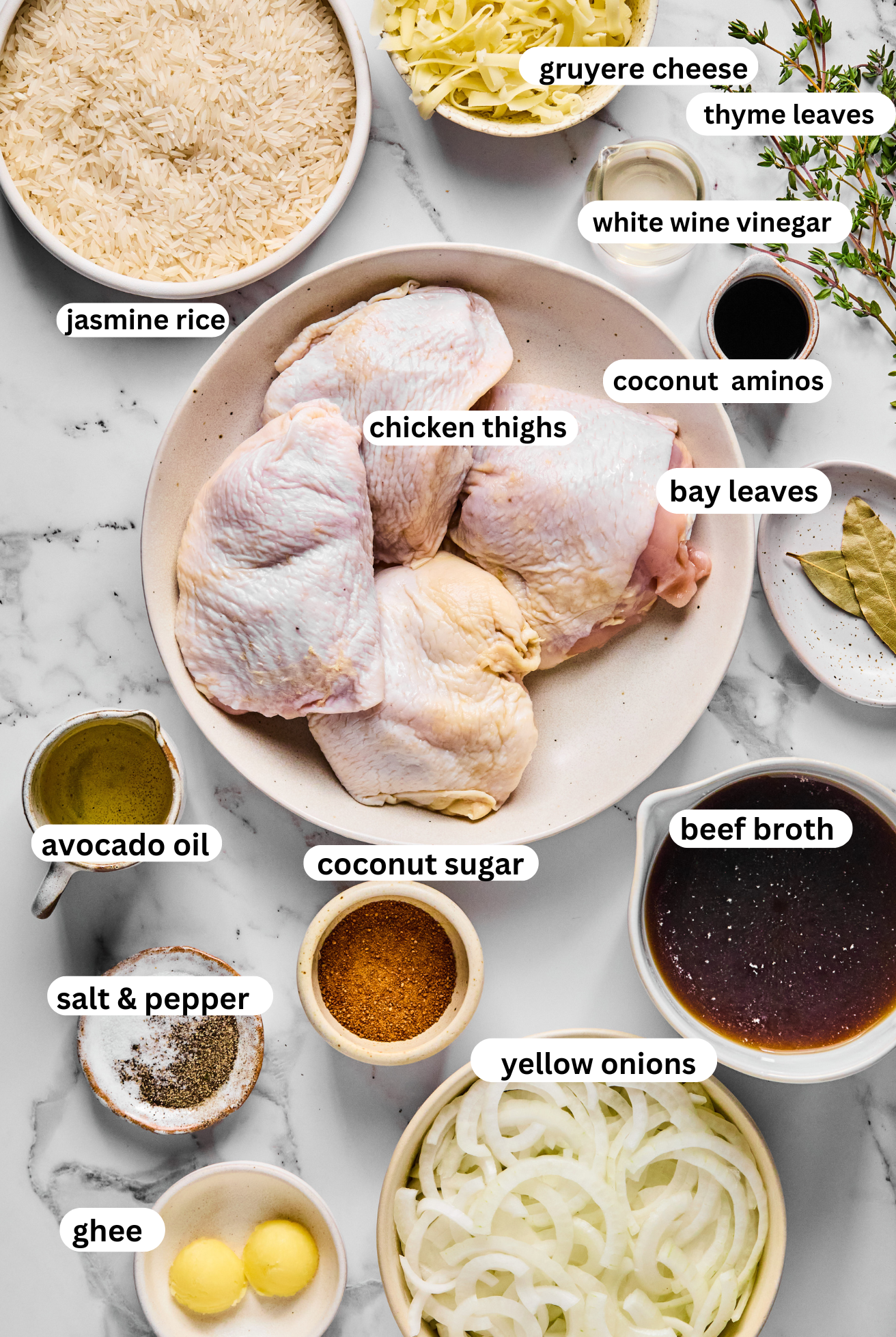 All of the ingredients for French onion chicken and rice.