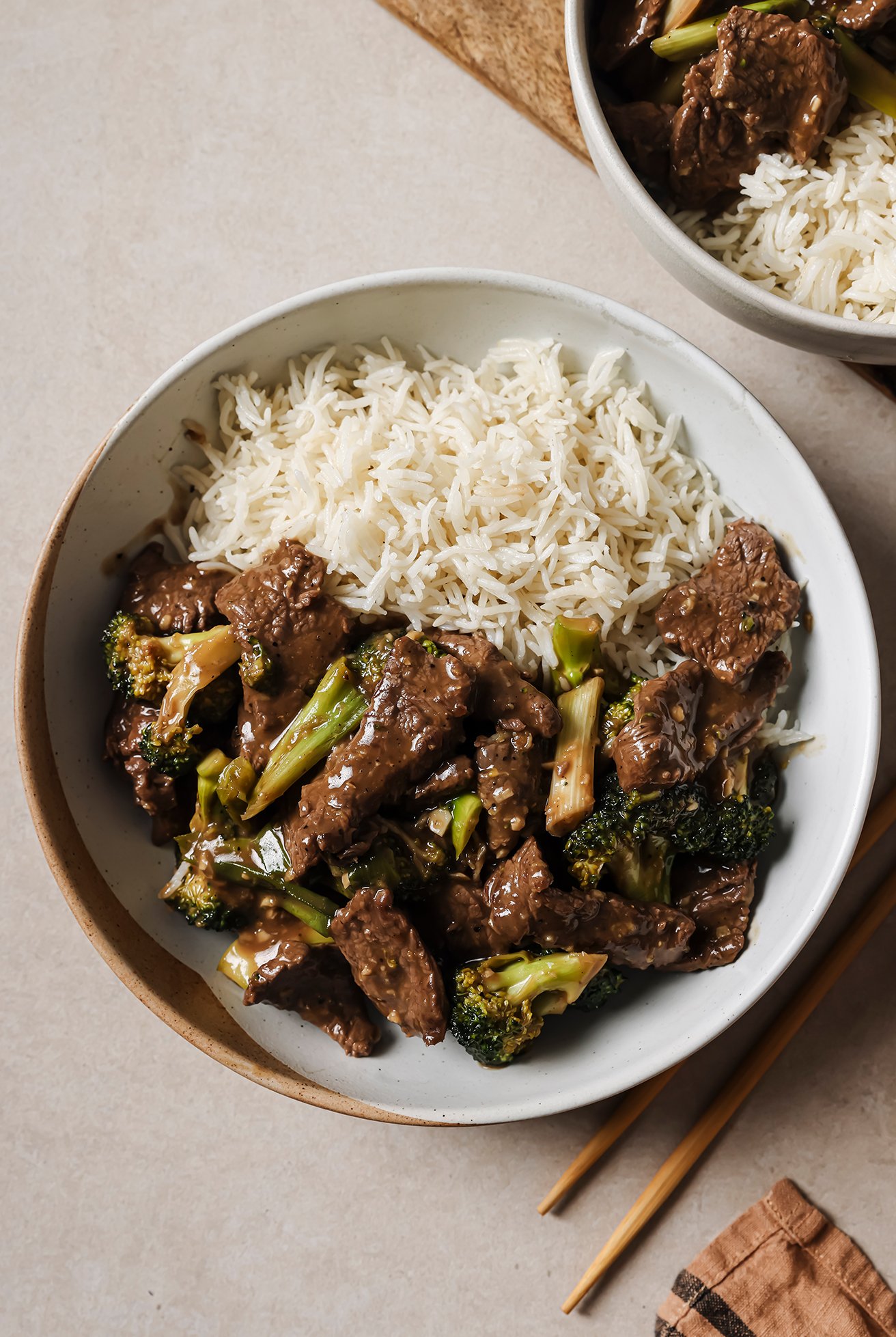 Gluten free mongolian beef in a bowl paired with rice.