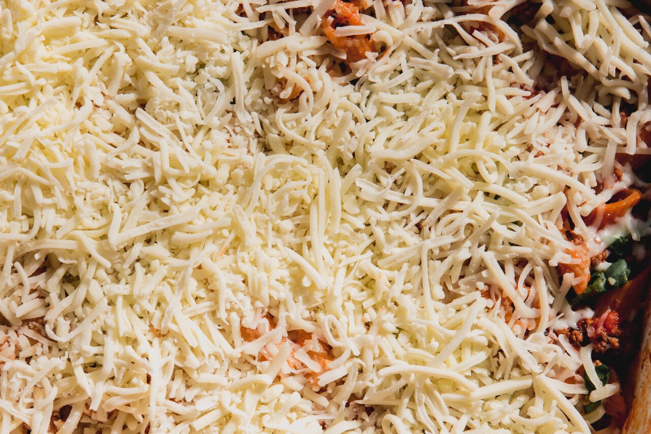 No boil pasta bake topped with uncooked cheese.