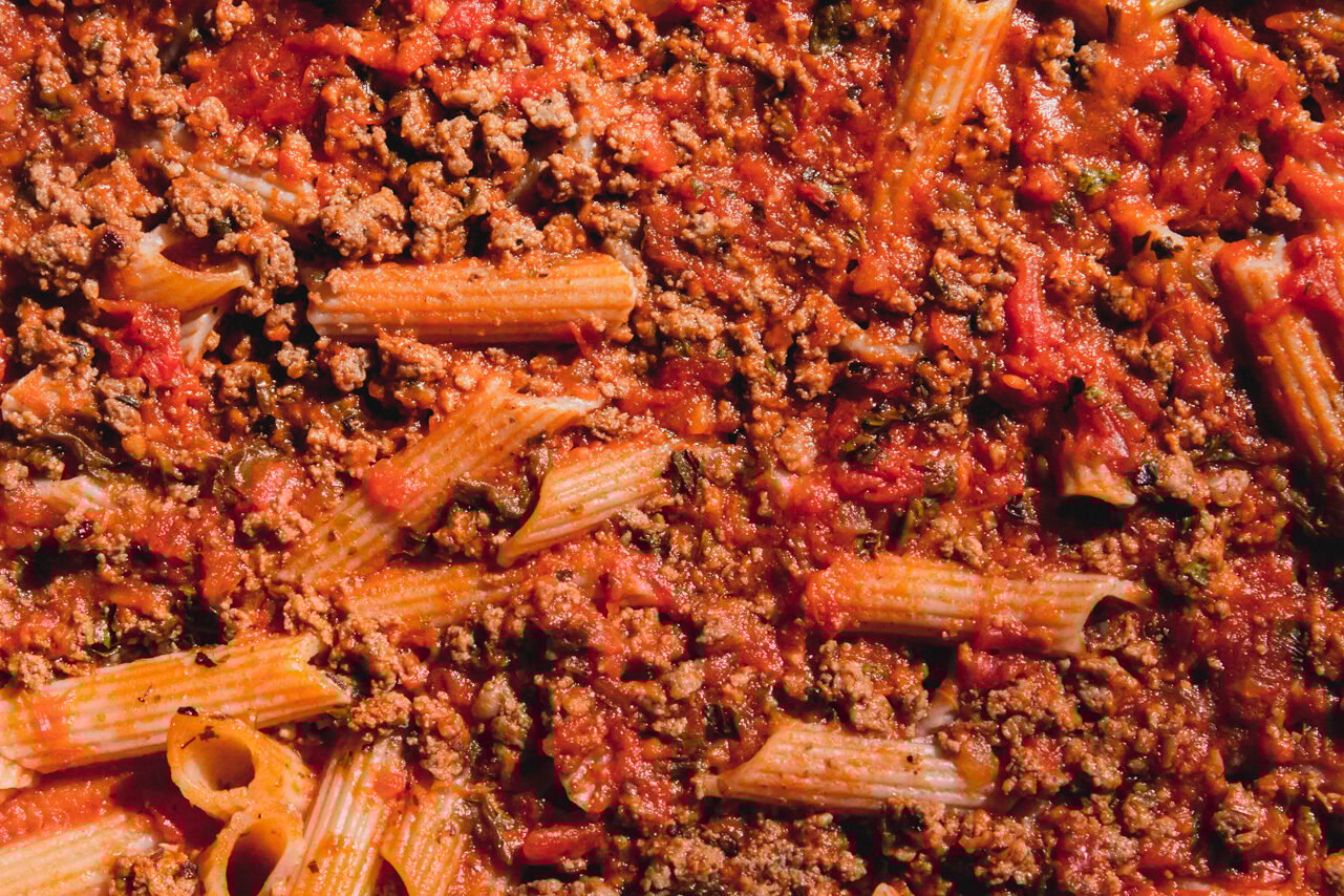 Cooked no boil pasta bake in a casserole dish.