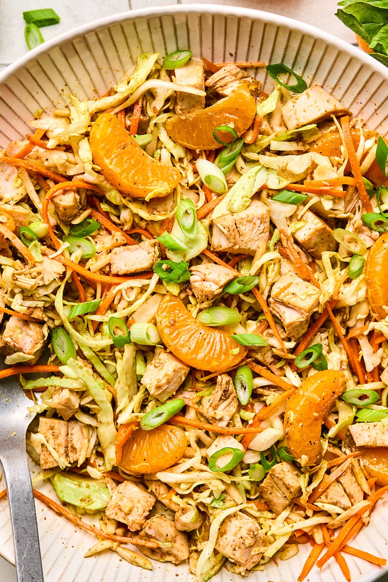 salad tossed together and topped with green onion