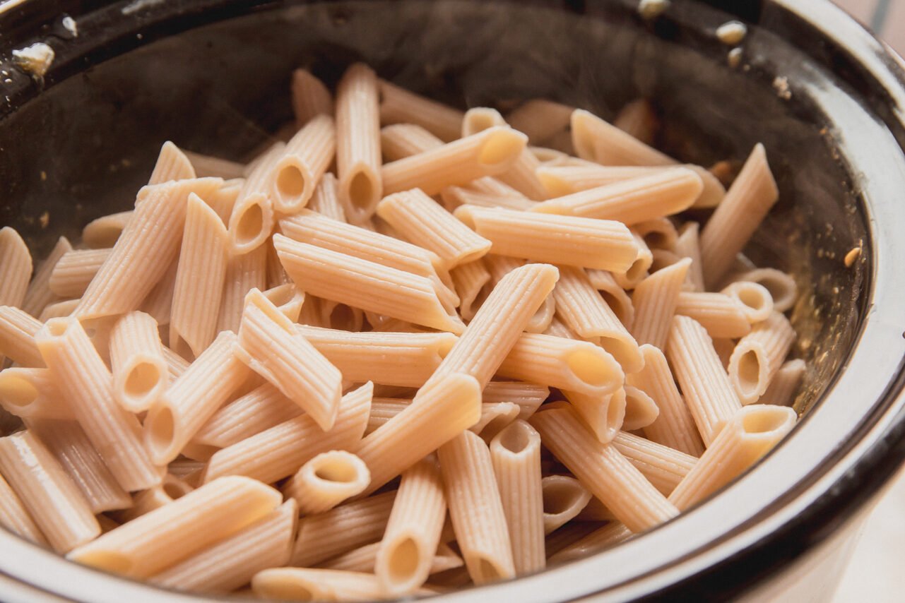 Cooked pasta in a slow cooker.