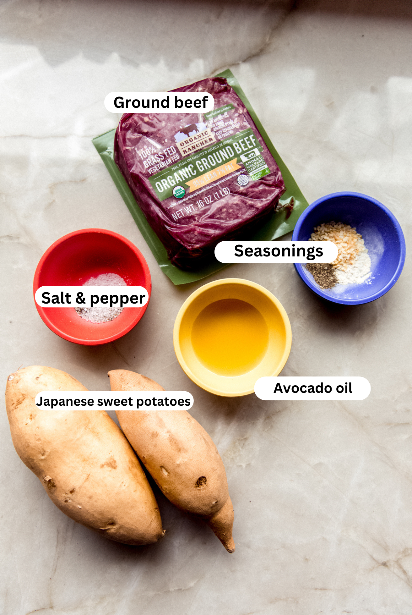 All the ingredients for making sheet pan burgers and fries, before cooking.