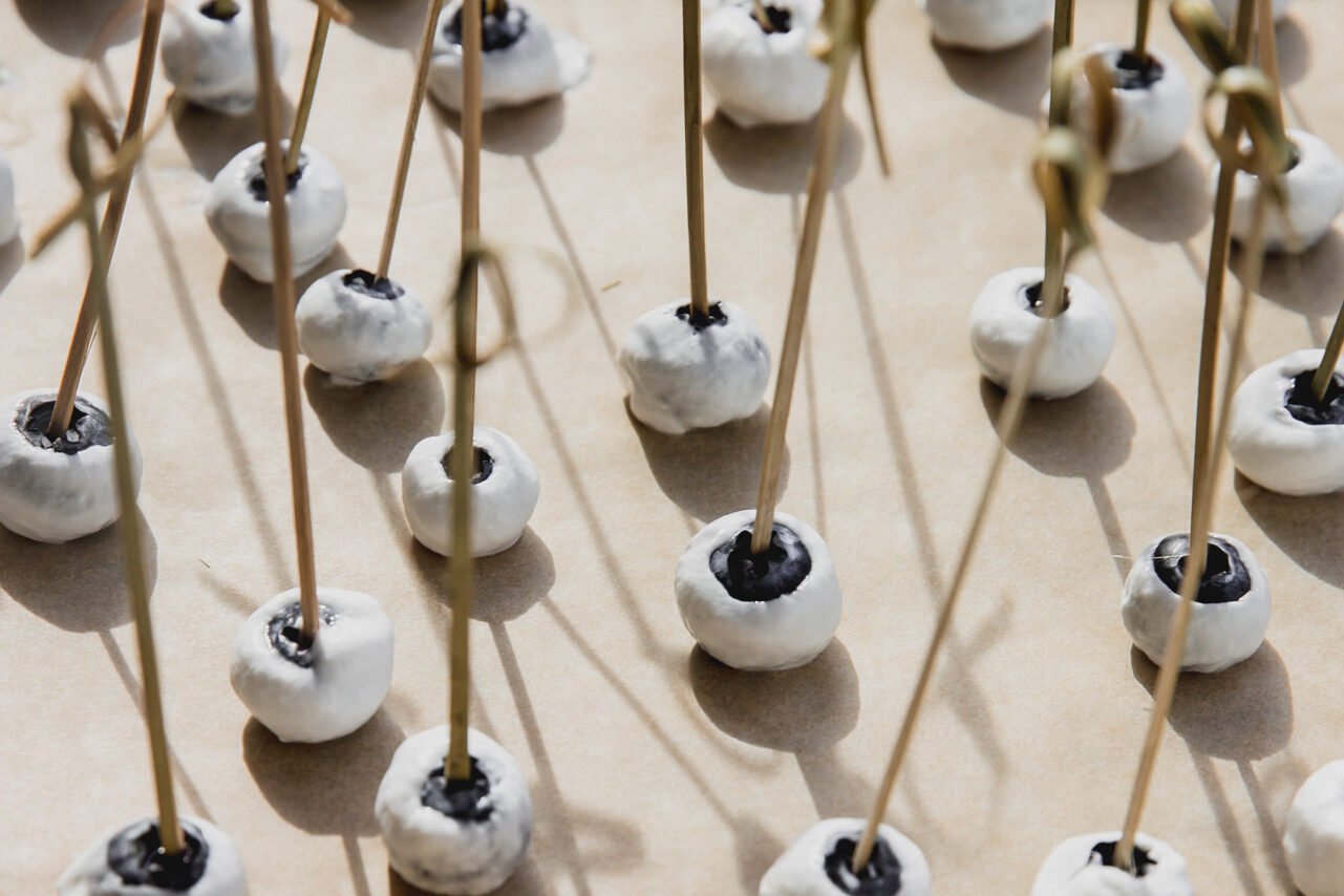 Blueberries coated in yogurt and frozen on a baking sheet. 