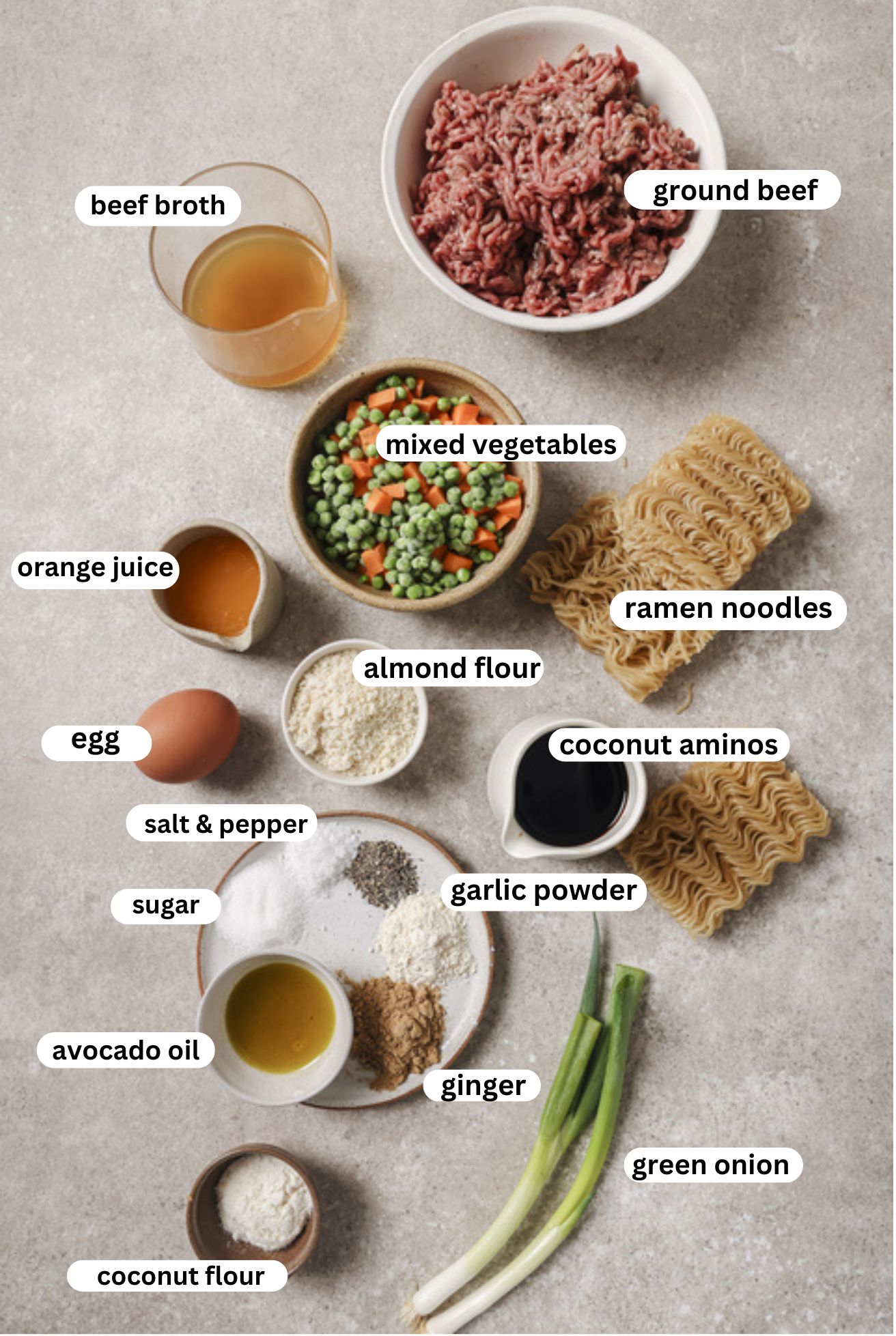 ingredients for mongolian meatballs and ramen, separated and in bowls