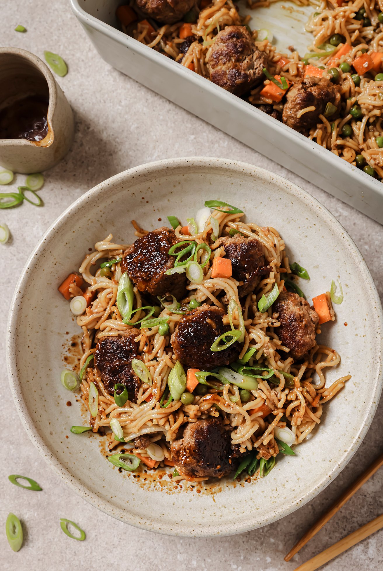 Teriyaki meatballs and ramen in a bowl